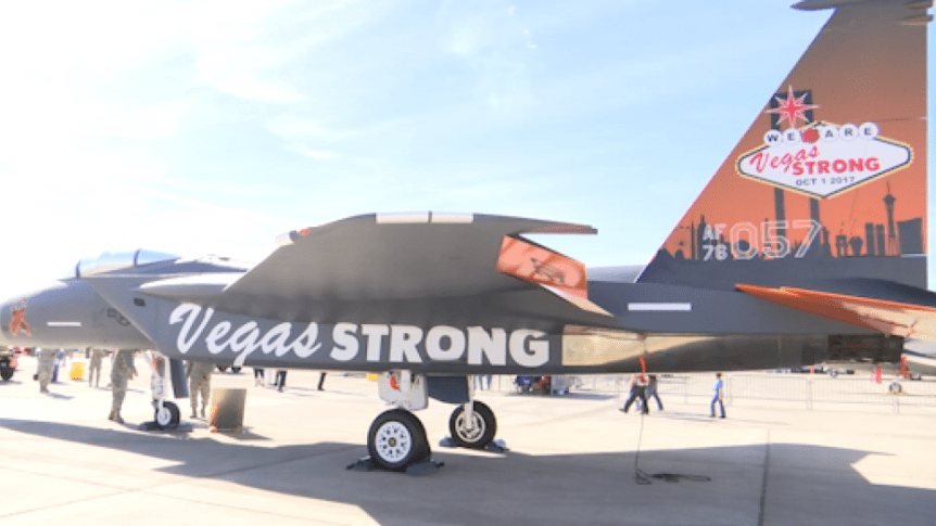 An F-15 fighter jet emblazoned with "Vegas Strong" at Aviation Nation, Nellis Air Force Base, Nevada.