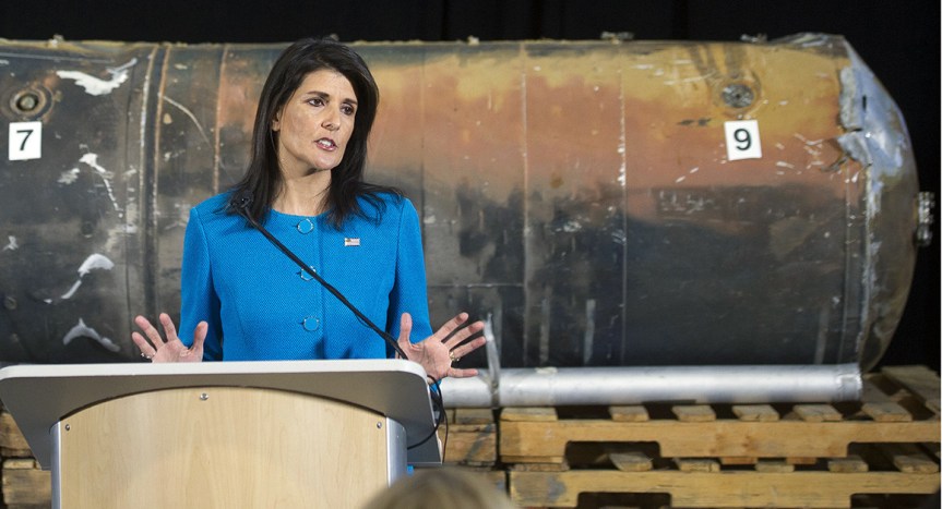 U.S. Ambassador to the U.N. Nikki Haley speak in front recovered segments of an Iranian rocket 