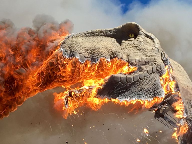 Life size animatronic T-Rex burns in Colorado