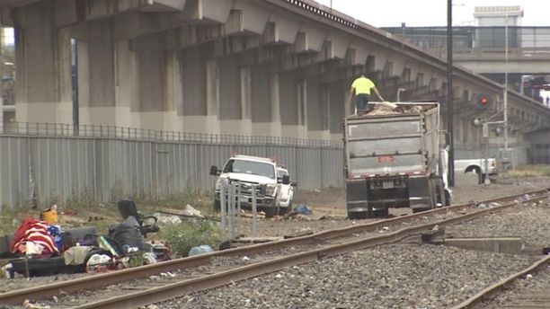 homeless encampments near railroad tracks 