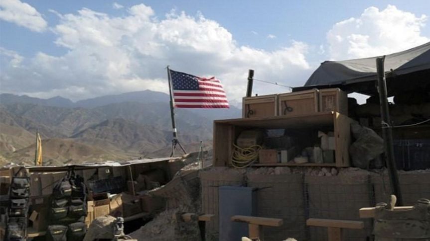 A U.S. flag is seen at a post in Deh Bala district, 