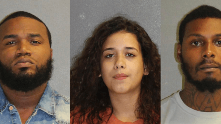 Kelsey McFoley, left, Melissa Rios Roque and Benjamin Bascom under arrest,