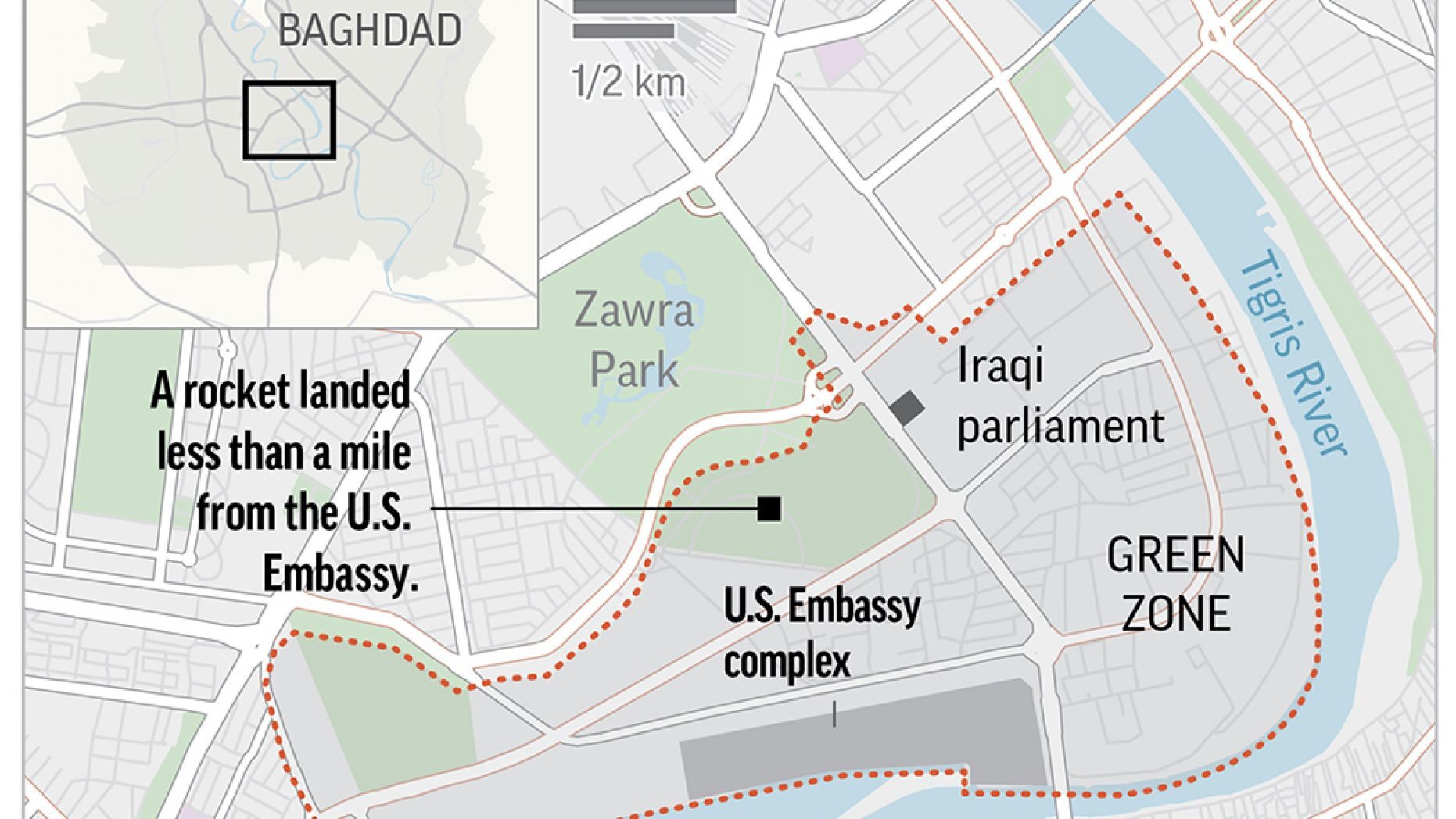 Map locates the Green Zone in Baghdad, Iraq.;