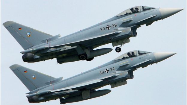 File picture of two Eurofighter jets stationed at the same base near Rostock.