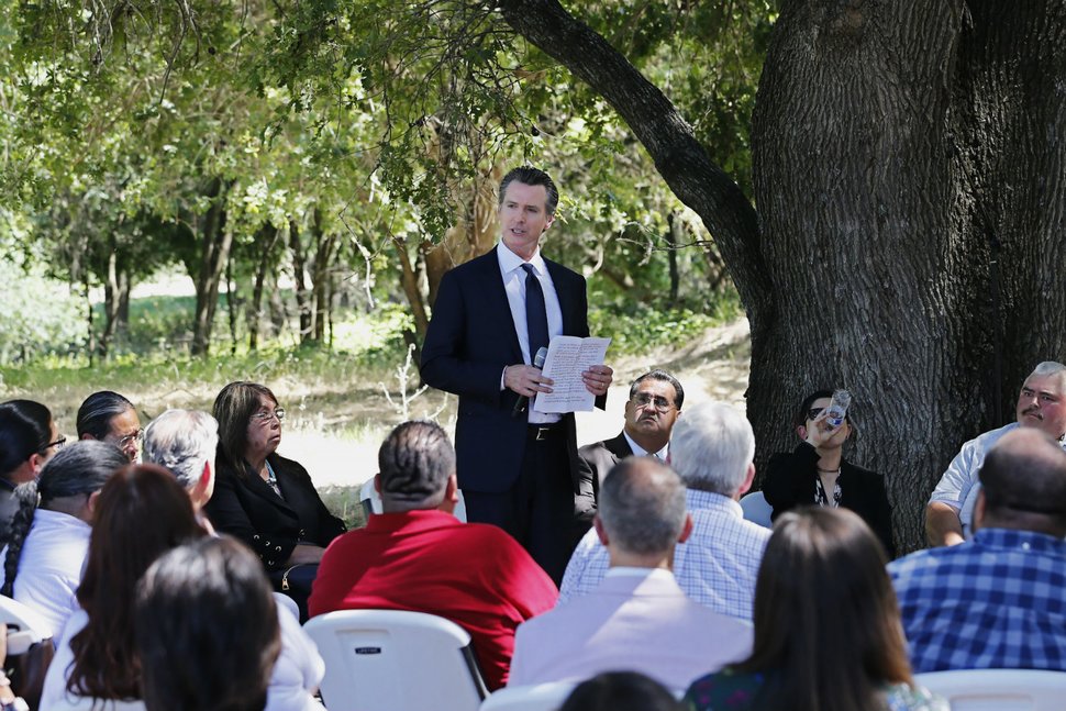Gov. Gavin Newsom addresses a meeting with Native American tribal leaders,