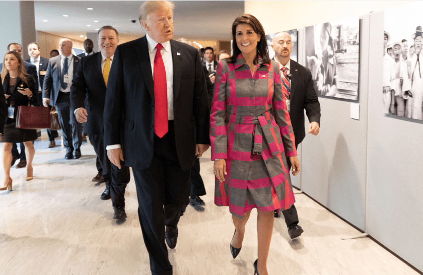 President Donald J. Trump and U.N. Ambassador Nikki Haley arrive Monday, Sept. 24, 2018,