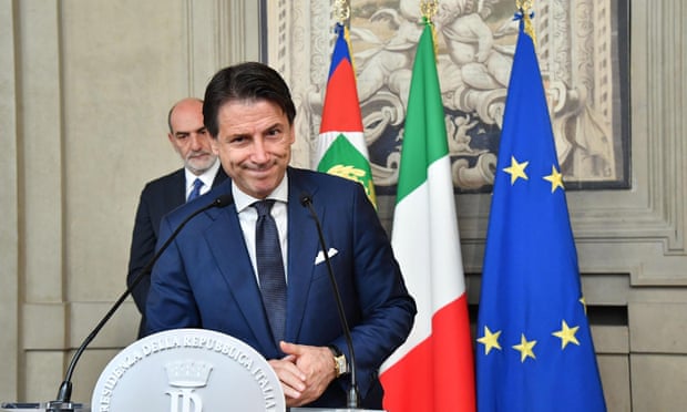 Giuseppe Conte addresses the media after a meeting with Italy’s president, Sergio Mattarella, on Thursday. 