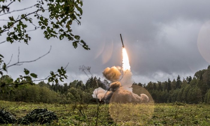 This undated file photo provided Sept. 19, 2017, by Russian Defense Ministry official web site shows a Russian Iskander-K missile launched during a military exercise at a training ground at the Luzhsky Range, near St. Petersburg, Russia.