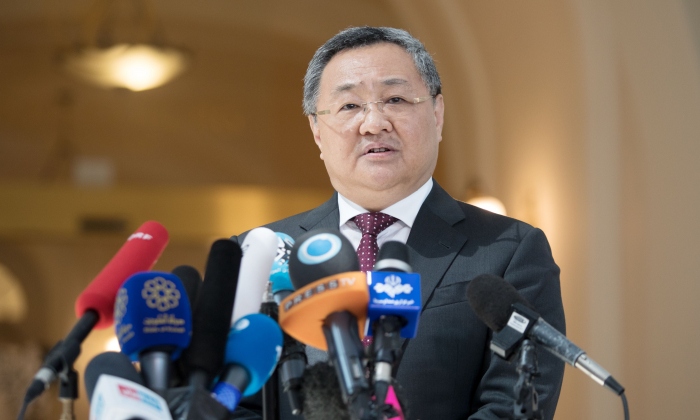 Fu Cong, the director of the Chinese foreign ministry's Arms Control Department speaks to the media at the Palais Coburg in Vienna, Austria on July 28, 2019. 