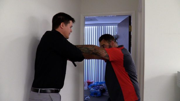 Kevin Holman demonstrates attacking the shooter from a chokepoint and gains control of the weapon in Walnut Creek, 