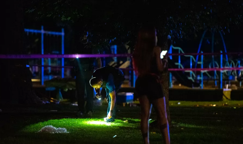 Chicago police investigate the scene where seven people were shot, Aug. 4, 2019,