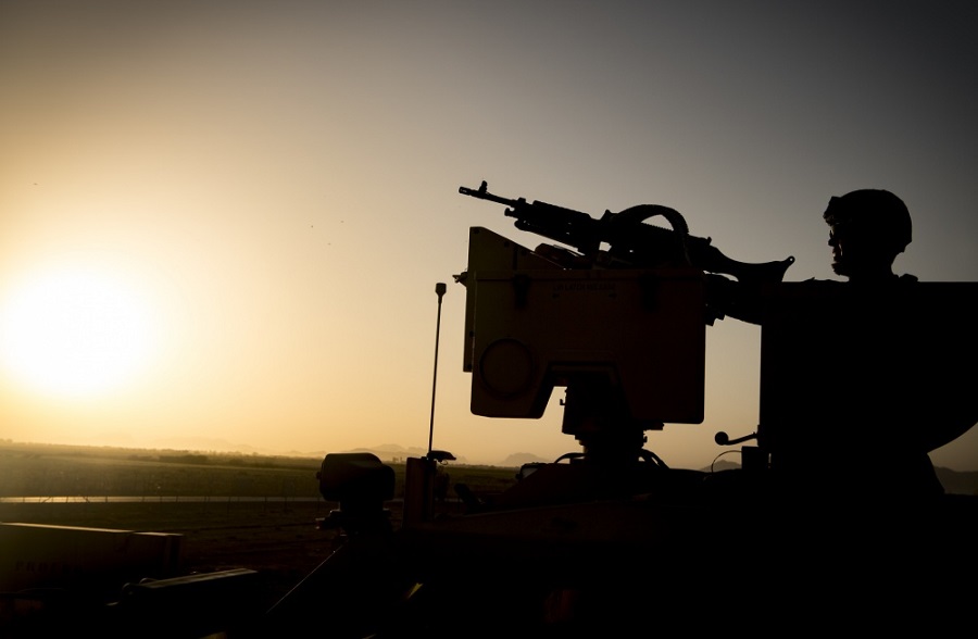 A security forces member deployed to Kandahar Airfield in Afghanistan conducts perimeter sweeps of the base on August 23, 2019.