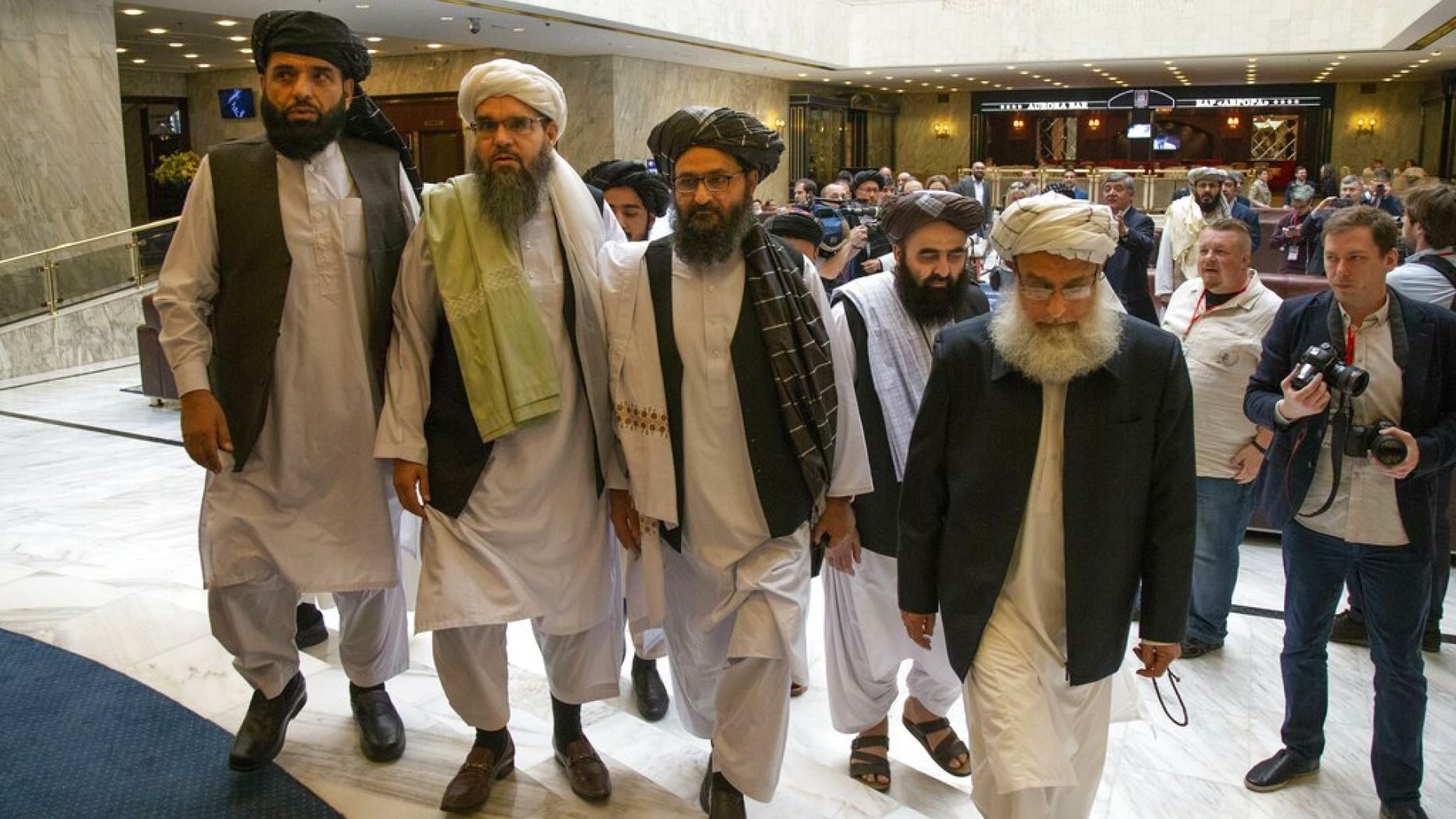 A Taliban delegation arrives for talks in Moscow earlier this year. 