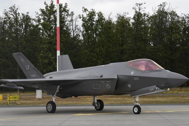 A U.S. Air Force F-35A Lightning II aircraft sits on a runway during Operation Rapid Forge on Powidz Air Base, 