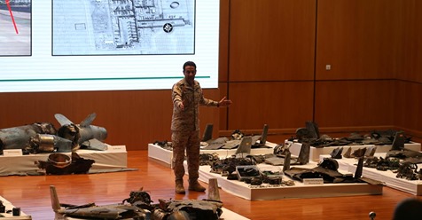Saudi defence ministry spokesman Colonel Turki Al-Malik displays remains of the missiles which Saudi government says were used to attack an Aramco oil facility, during a news conference in Riyadh, Saudi Arabia September 18, 2019.