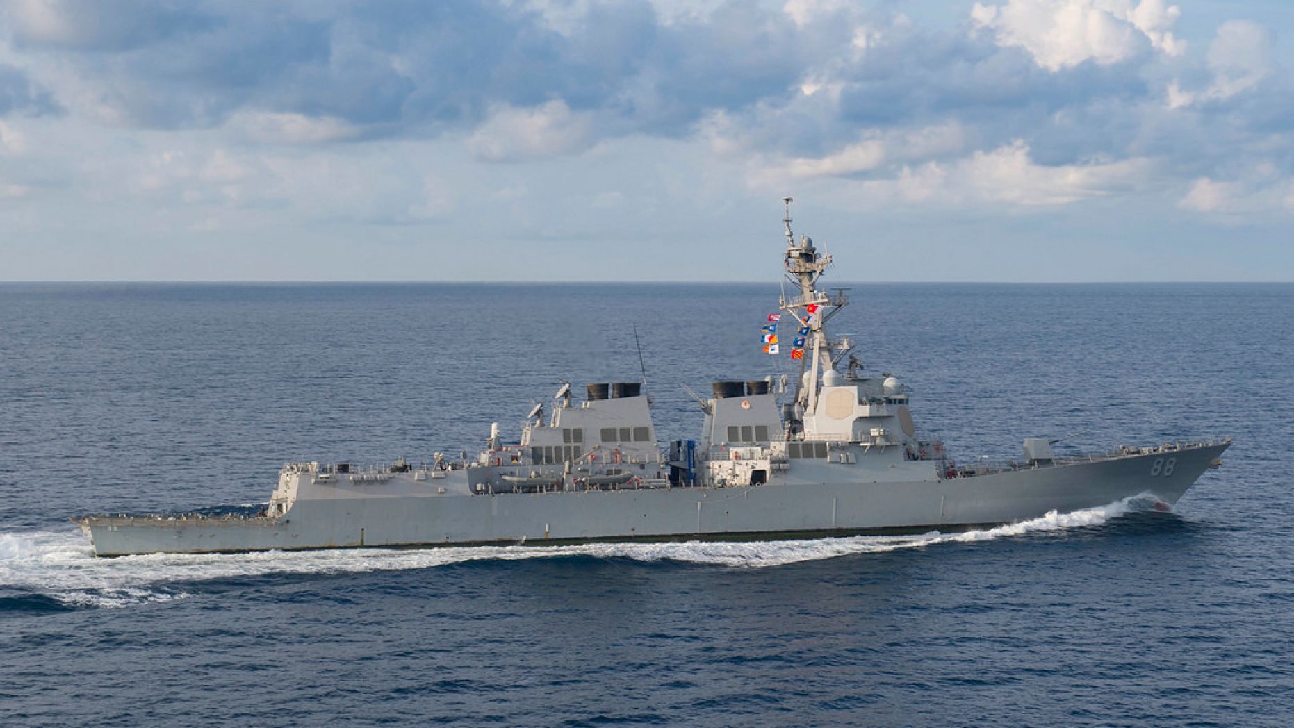 The guided-missile destroyer USS Preble (DDG 88) transits the Indian Ocean.
