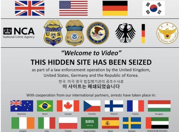 A "this site has been seized" screen with the logos of US, UK, German and other law enforcement agencies.