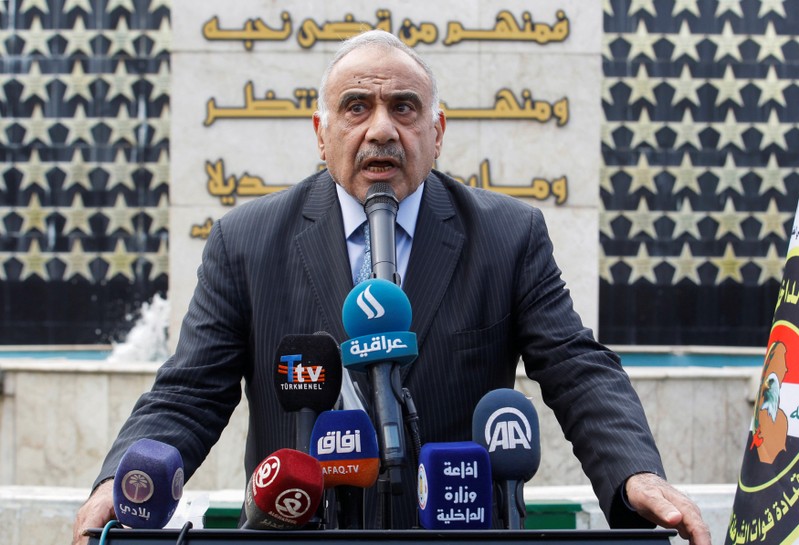 Iraqi Prime Minister Adel Abdul Mahdi speaks during a symbolic funeral ceremony of Major General Ali al-Lami, who commands the Iraqi Federal Police's Fourth Division, who was killed in Salahuddin, in Baghdad, Iraq October 23, 2019.