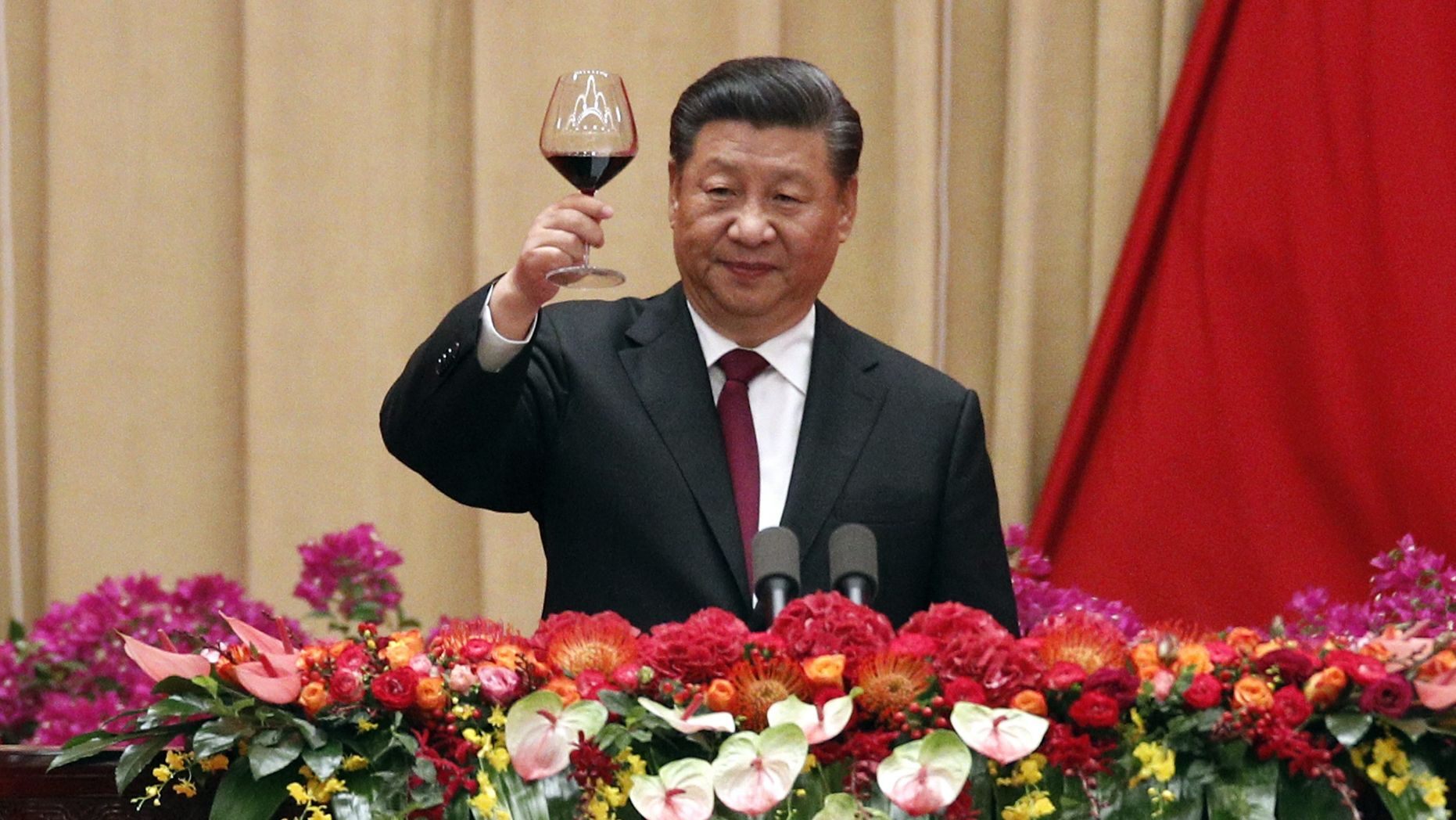 Chinese President Xi Jinping after delivering his speech at a dinner marking the 70th anniversary of the founding of the People's Republic of China at the Great Hall of the People in Beijing, Monday, Sept. 30, 2019. 