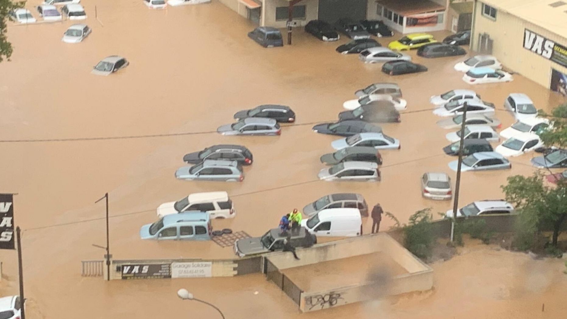 This Oct. 23, 2019 image made by Twitter user @SDIS34 shows cars flooded in the southern France. 