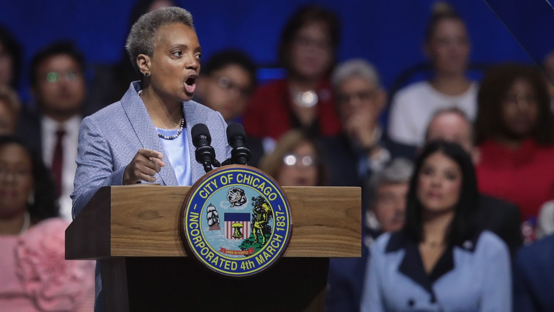CHICAGO, ILLINOIS - MAY 20: Lori Lightfoot addresses guests after being sworn in as Mayor of Chicago during a ceremony at the Wintrust Arena on May 20, 2019 in Chicago, Illinois. Lightfoot become the first black female and openly gay Mayor in the city’s history.