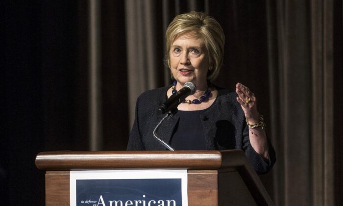 Former Secretary of State Hillary Clinton delivers a keynote speech during the American Federation of Teachers Shanker Institute Defense of Democracy Forum at George Washington University in Washington on Sept. 17, 2019.