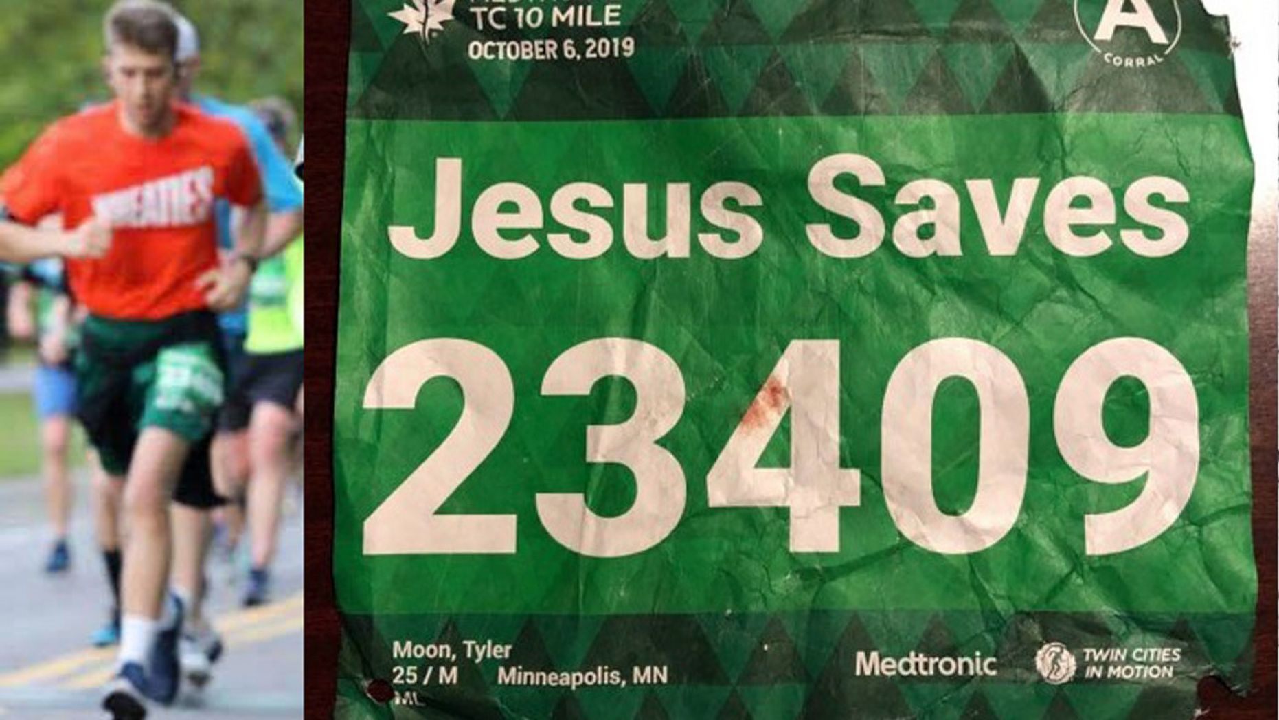 Tyler Moon, 25, of Eden Prairie, Minn., was running a 10-mile race earlier this year, with a "Jesus Saves" bib when he experienced cardiac arrest, but right behind him was a registered nurse named Jesus, who helped save his life. 