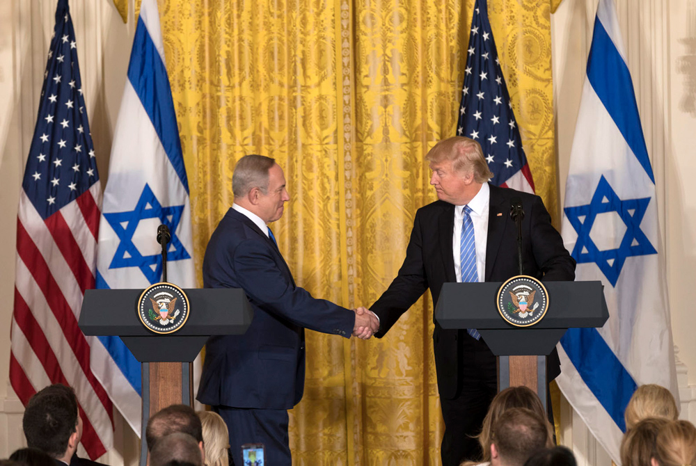 Pictured: Trump and Netanyahu at a joint press conference in Washington, D.C. on February 15, 2017.