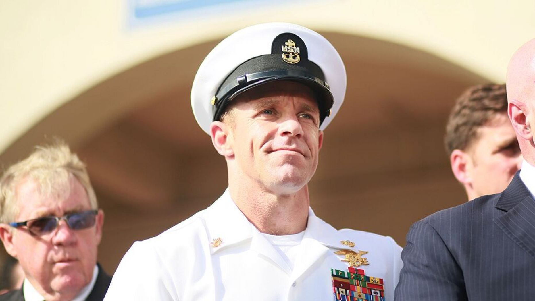 Navy Special Operations Chief Edward Gallagher celebrates after being acquitted of premeditated murder at Naval Base San Diego, Calif., on July 2, 2019.