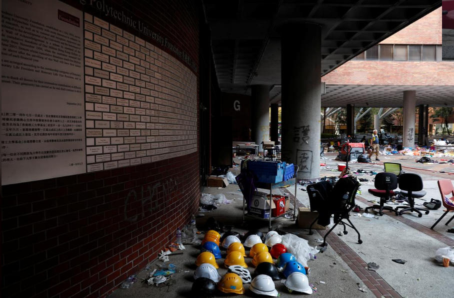 Helmets of protesters are left behind in Hong Kong Polytechnic University (PolyU) in Hong Kong, China November 21, 2019.