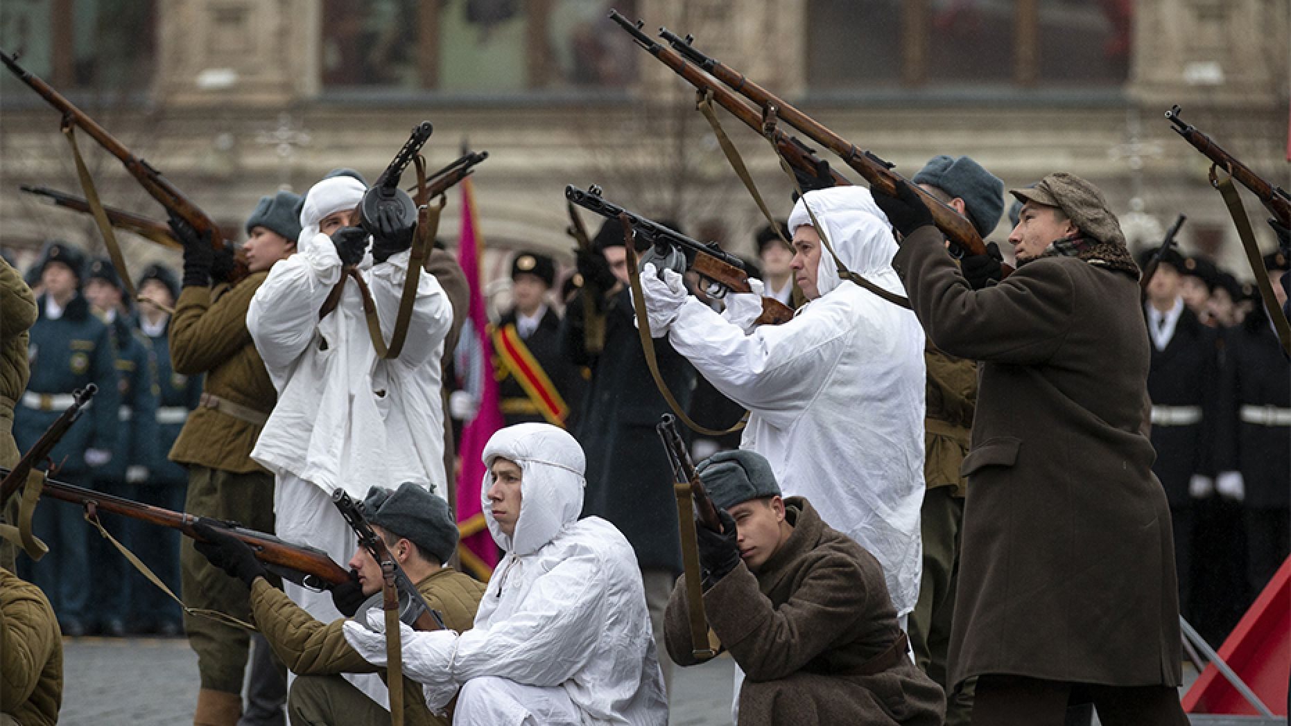Russian soldiers dressed in Red Army World War II winter uniforms during the parade. 