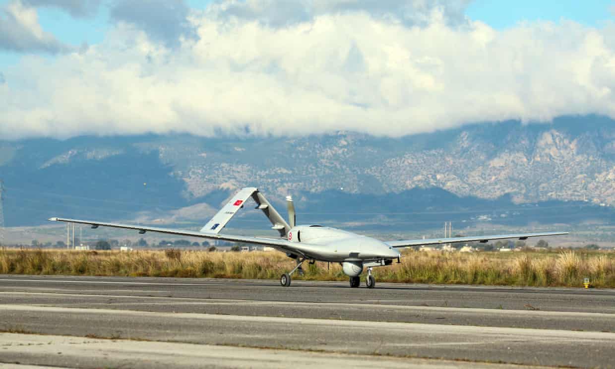 A Turkish military drone lands at Geçitkale airport, in northern Cyprus, on 16 December.