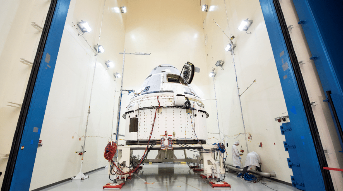 Boeing's Starliner, that will fly Starliner's Crew Flight Test, at the acoustic testing at Boeing's spacecraft test facilities in El Segundo, California. 