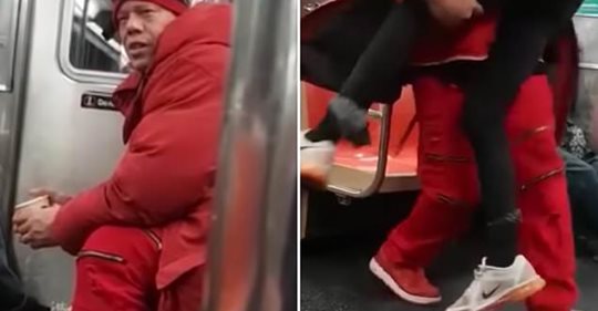 Sonny Alloway, dressed in red, at first tried to wake the woman as she slept on the train.
