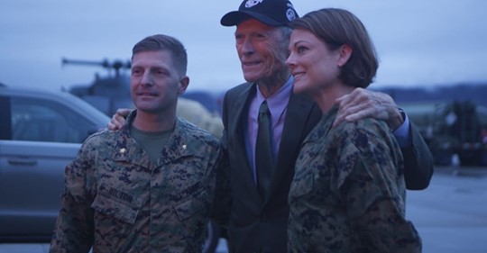 U.S. Marine Corps Maj. Matthew Hilton, Director of the Entertainment Media Liaison Office, Communication Directorate, and U.S. Marine Corps Master Sgt. Kristin Bagley, Communication Strategy and Operations Chief for the Entertainment Media Liaison Office, Communication Directorate meet and greet with Clint Eastwood, 