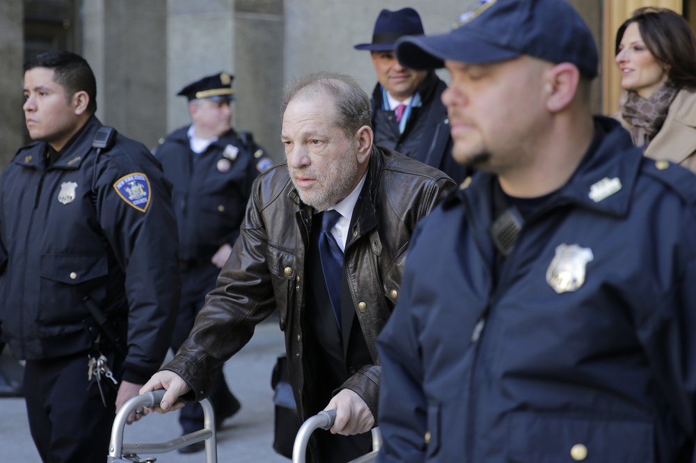 Harvey Weinstein leaves a Manhattan courthouse following jury selection for his trial on rape and sexual assault charges, Friday, Jan. 17, 2020, in New York. 