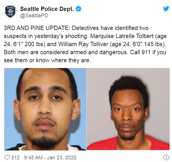 Marquise Latrelle Tolbert (age 24, 6'1" 200 lbs) and William Ray Tolliver (age 24, 6'0" 145 lbs). Both men are considered armed and dangerous. Call 911 if you see them or know where they are.