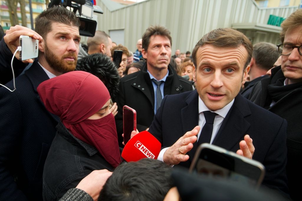 Macron speaks to the media in Mulhouse, on February 18, 2020, shortly before making the major policy speech in which he vowed to fight what he called "Islamist separatism."