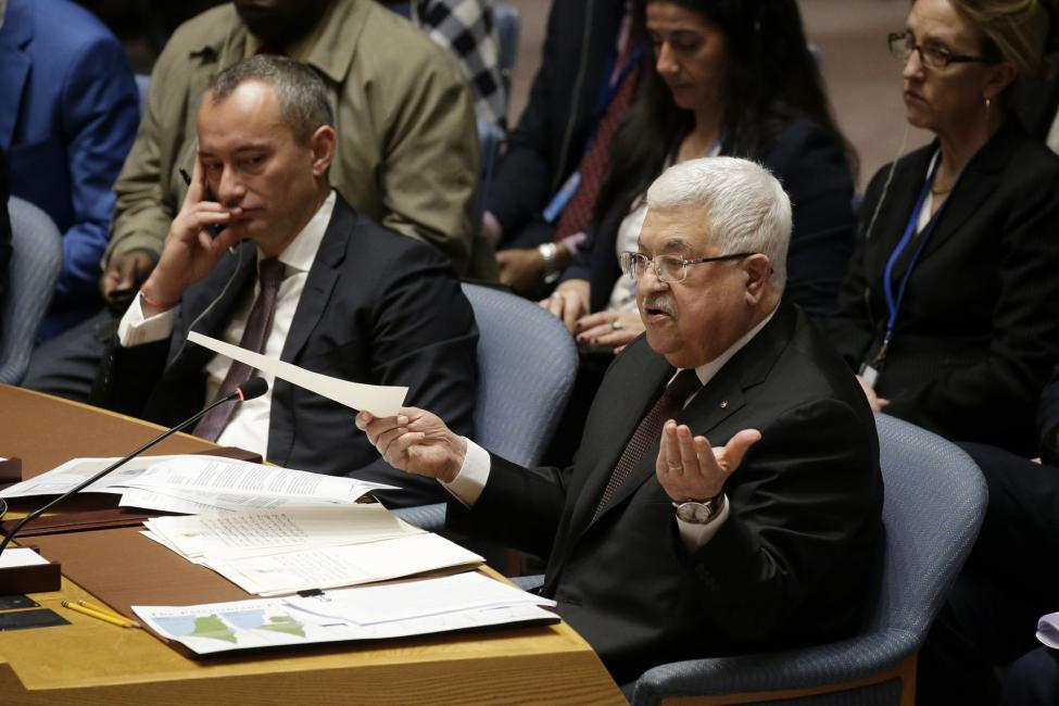 Palestinian leader Mahmoud Abbas addresses the U.N. Security Council Tuesday at U.N. headquarters in New York City. 