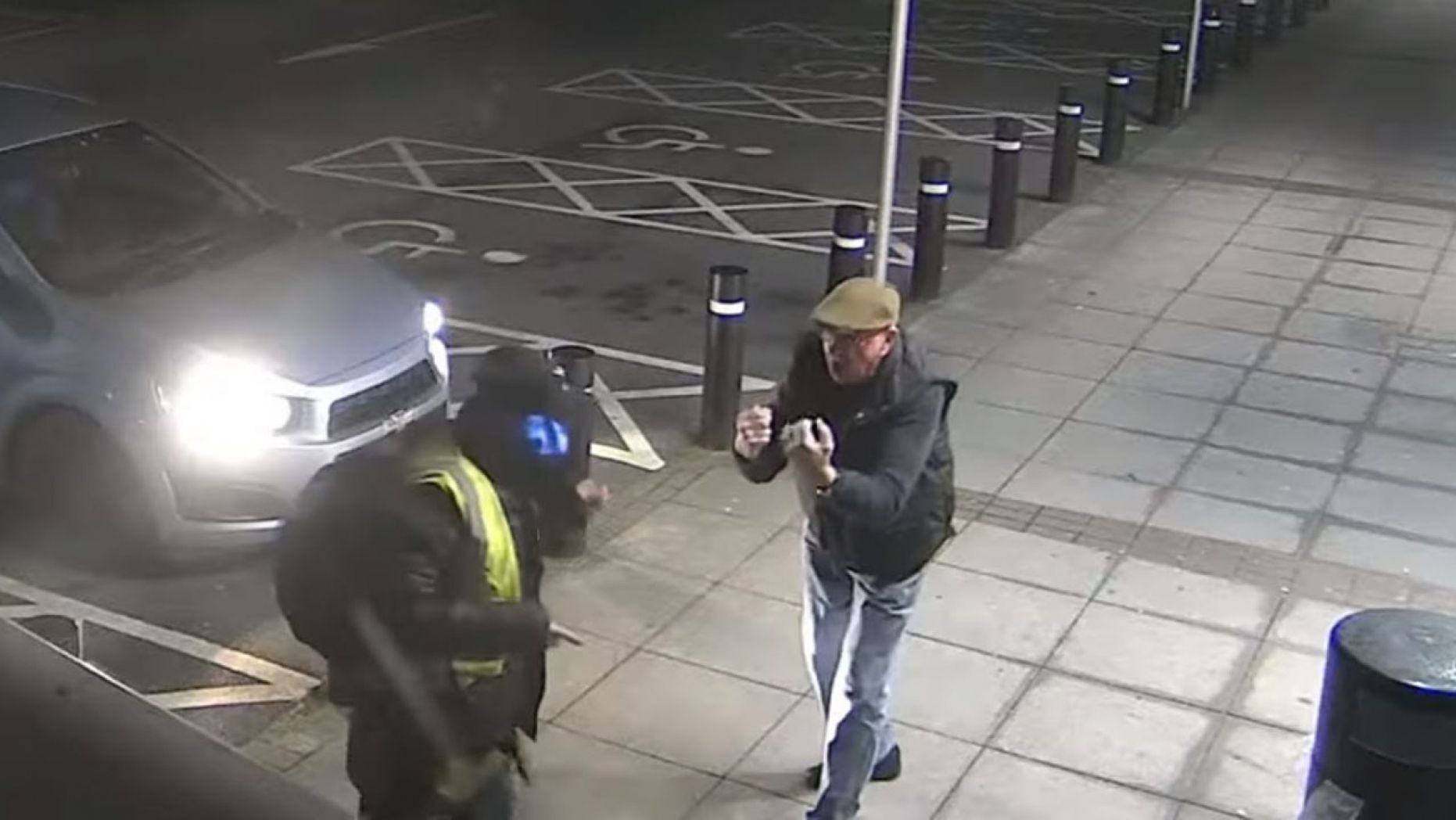 Trevor appeared to yell at the suspect, who kept backing off as the 77-year-old landed blow after blow. 