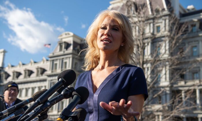 White House counselor Kellyanne Conway speaks to reporters outside the White House in Washington on Jan. 16, 2020. 