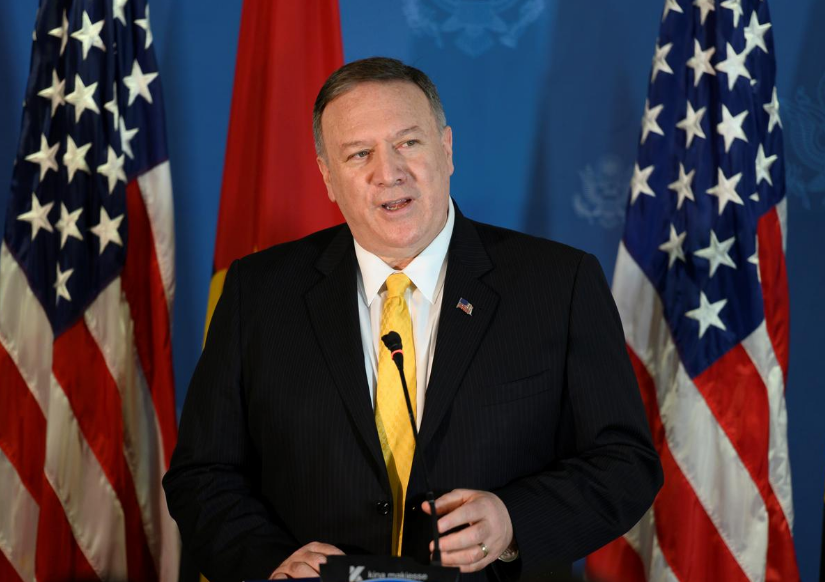 U.S. Secretary of State Mike Pompeo speaks at a business leaders reception at the Museu de Moeda in Luanda, Angola February 17, 2020. 