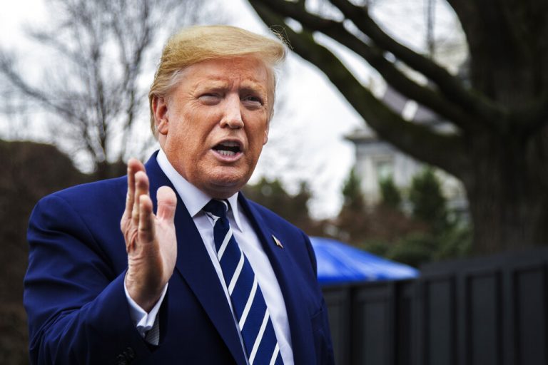 President Donald Trump speaks to members of the media before leaving the White House, Tuesday, March 3, 2020, in Washington, to visit the National Institutes of Health’s Vaccine Research Center in Bethesda, Md. 
