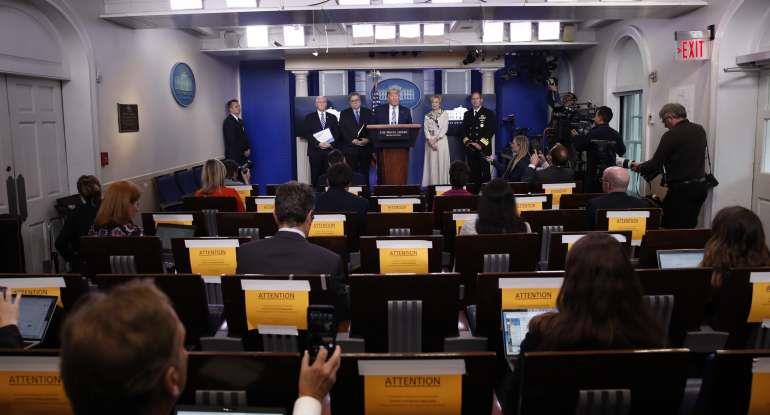 President Donald Trump speaks about the coronavirus in the James Brady Briefing Room, Monday, March 23, 2020, in Washington. 