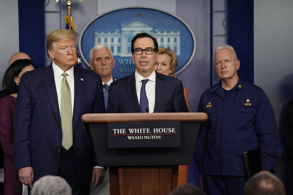Treasury Secretary Steven Mnuchin speaks during a press briefing with the coronavirus task force, at the White House on Tuesday.