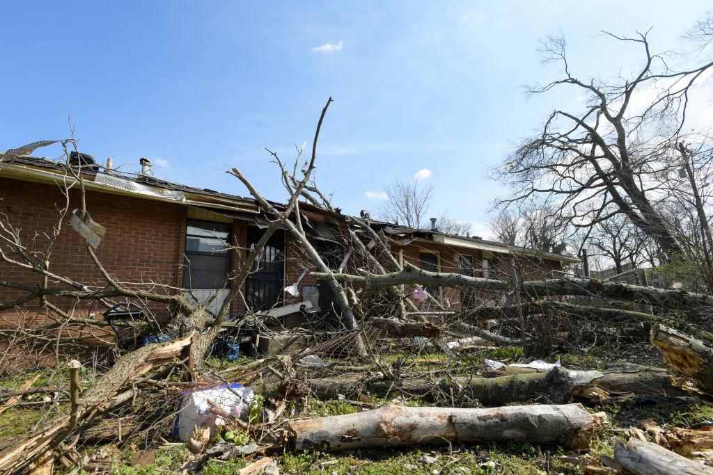 Buildings damaged by the storm are seen in the Germantown neighborhood following devastating tornadoes on March 03, 2020 