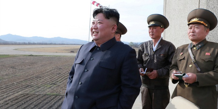 North Korean leader Kim Jong Un gives guidance while attending a flight training of Korean People’s Army Air Force