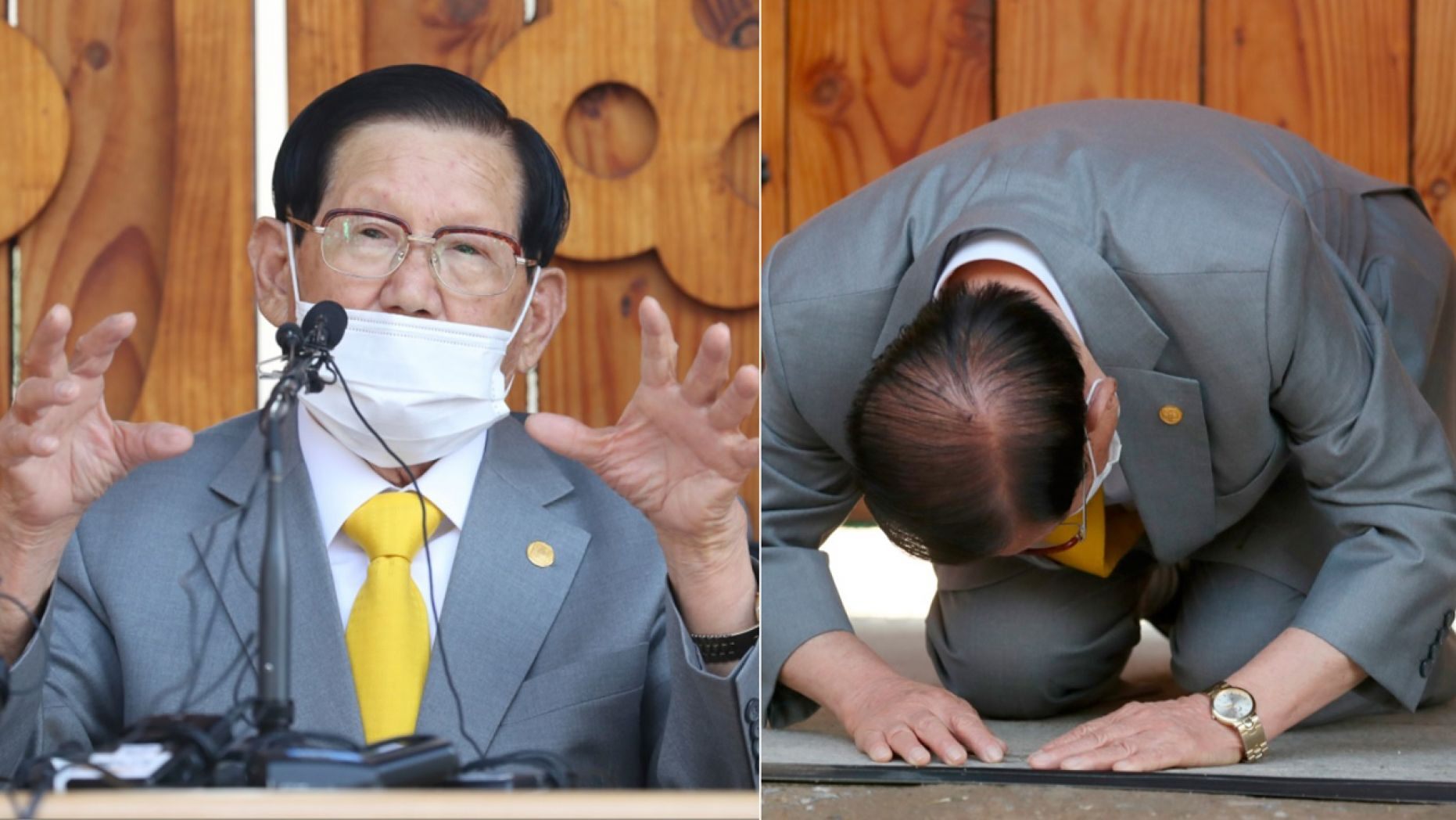 Lee Man-hee, a leader of Shincheonji Church of Jesus, bows during the press conference in Gapyeong, South Korea, Monday, March 2,