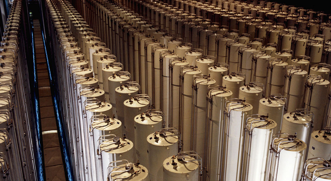 Cascade of gas centrifuges used to produce enriched uranium. 