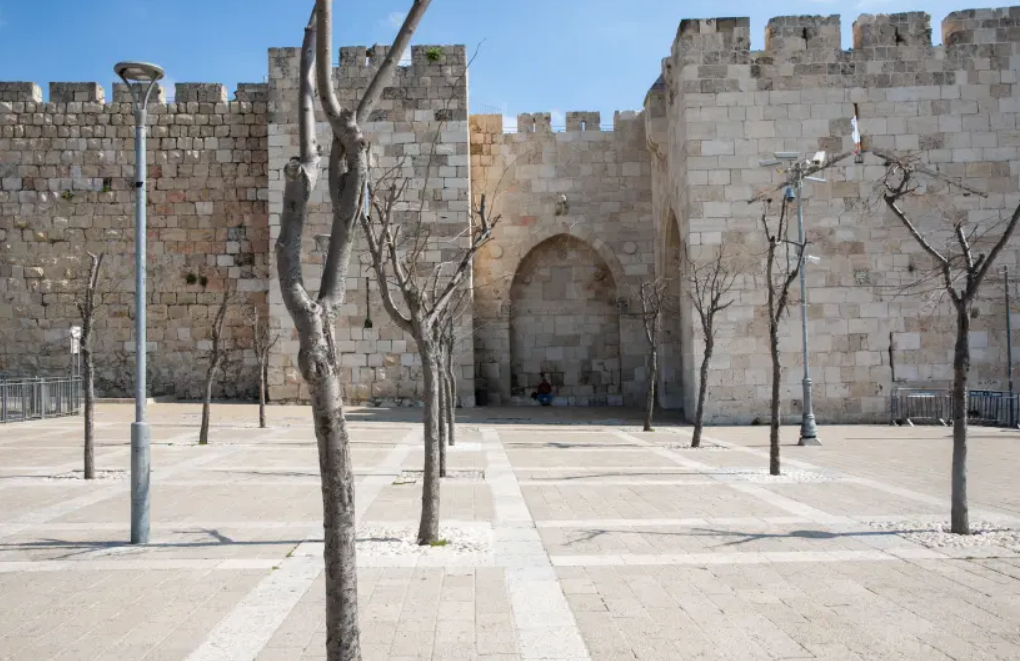 General view of the empty square outside the Jaffa Gate in the Old City of Jerusalem on March 16, 2020. 